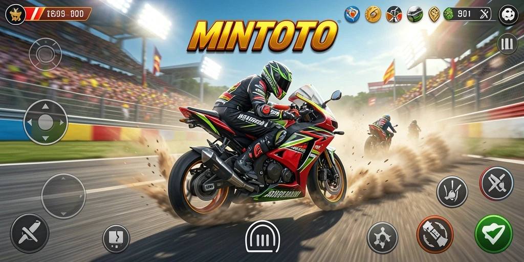 Tampilan gameplay seru di MINTOTO saat balapan motor.
