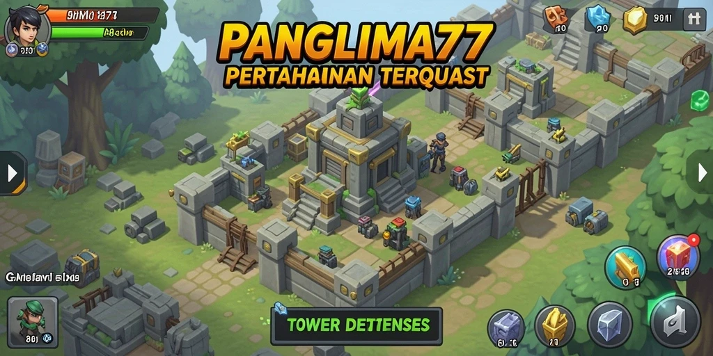 Tampilan menara dan musuh dalam permainan Tower Defense yang menegangkan.